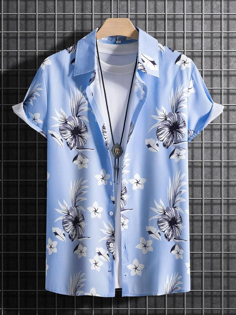 Men'S Tropical Print Collared Shirt, Loose Boho Button Short Sleeve Hawaiian Shirt, Shirt for Men, Summer Clothes Top for Beach Vacation , Plz Order One Size Smaller