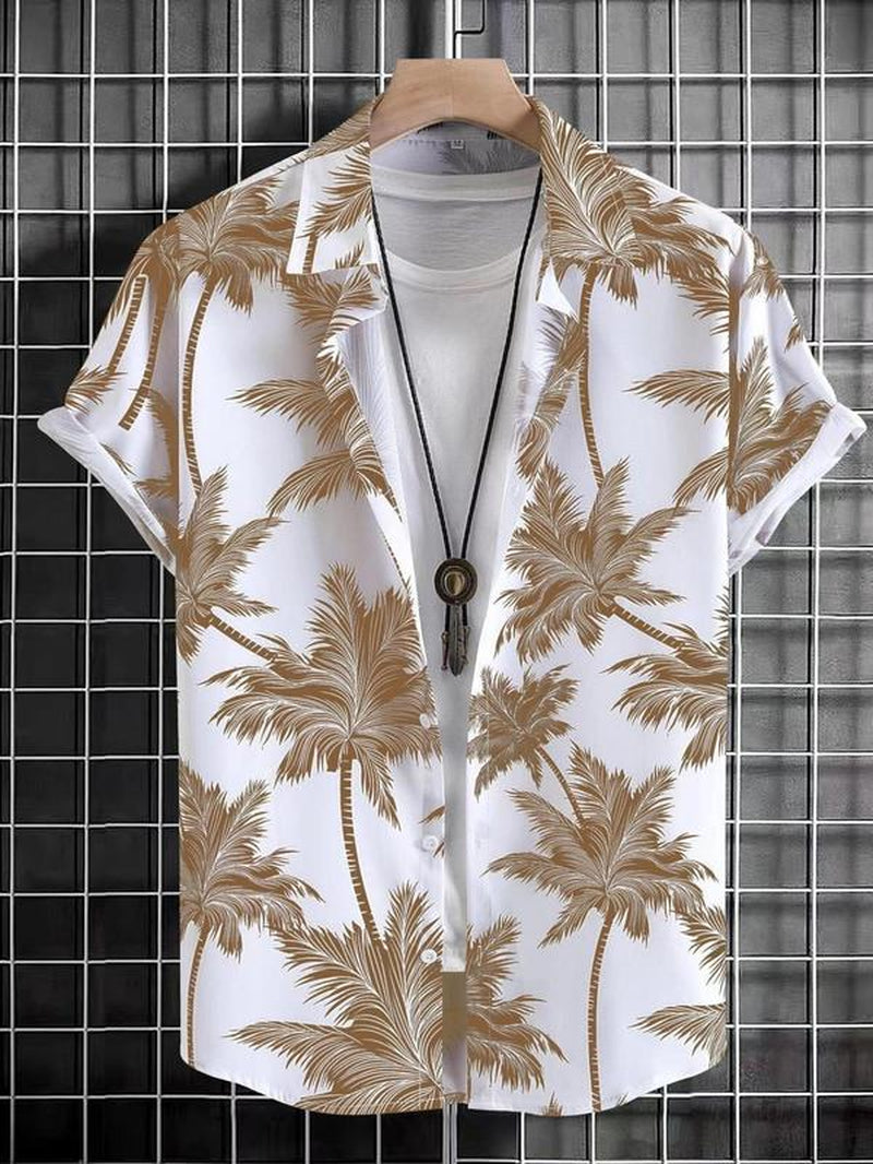 Men'S Thin Tropical Print Button Front Shirt, Loose Random Palm Tree Graphic Short Sleeve Hawaiian Shirt, Summer Clothes, Mens Clothin, Please Purchase One Size Smaller
