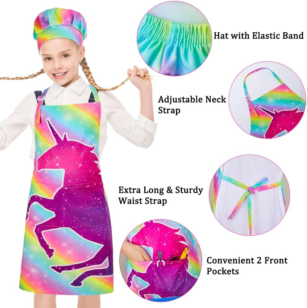 Kids Apron and Chef Hat Set, Child Aprons for Cooking Baking Painting Cute Toddler Girls Apron with Pockets 3-12 Years