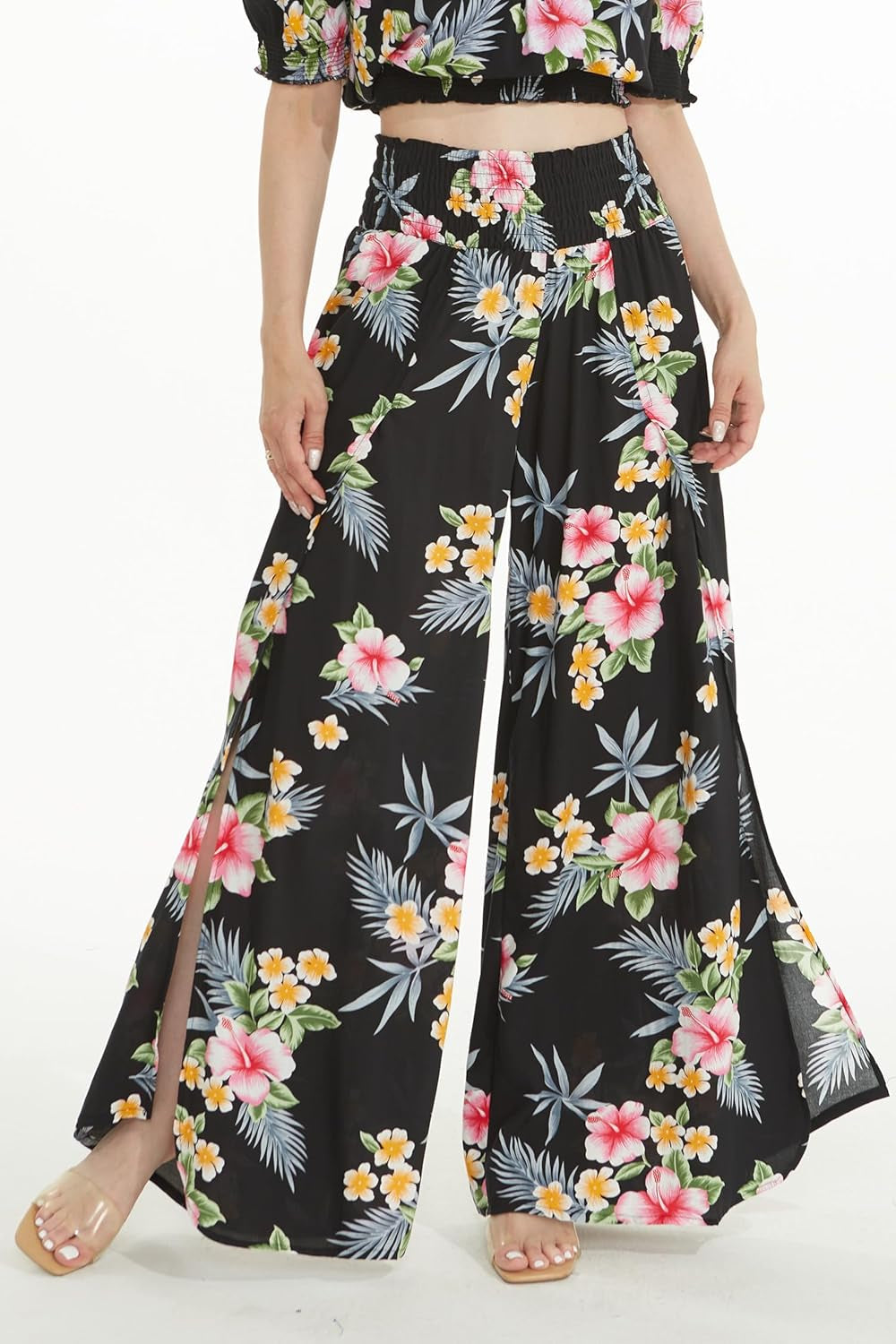 Lady High Slit Wide Leg Pants in Hibiscus