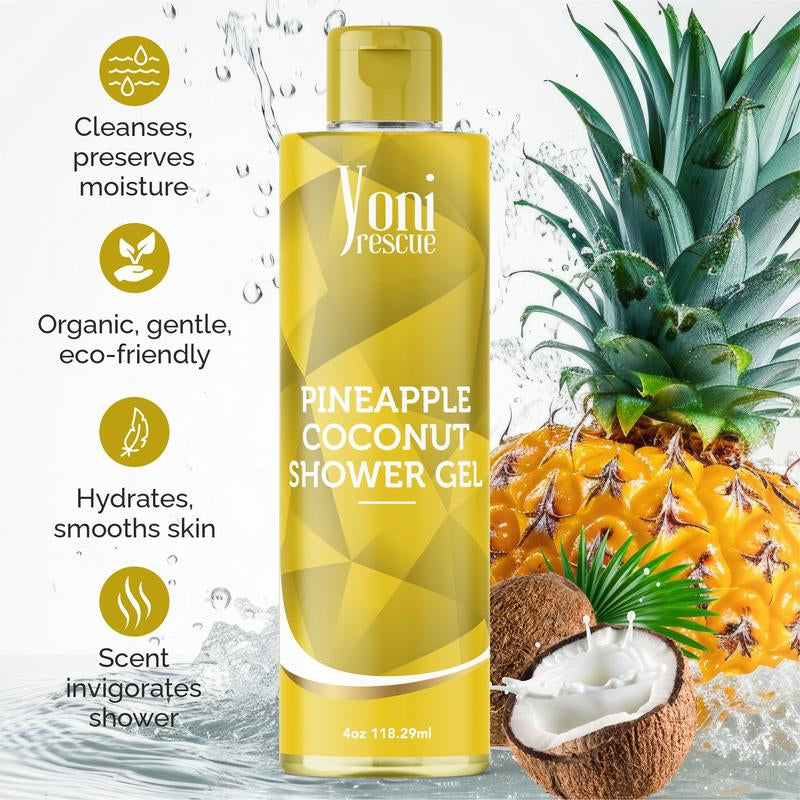 Pineapple Coconut Body & Bath Care Set- Shower Gel(4Oz), Body Essential Oil(4Oz) 100% All Natural with Sugar Scrubs(8Oz) by Yoni Rescue