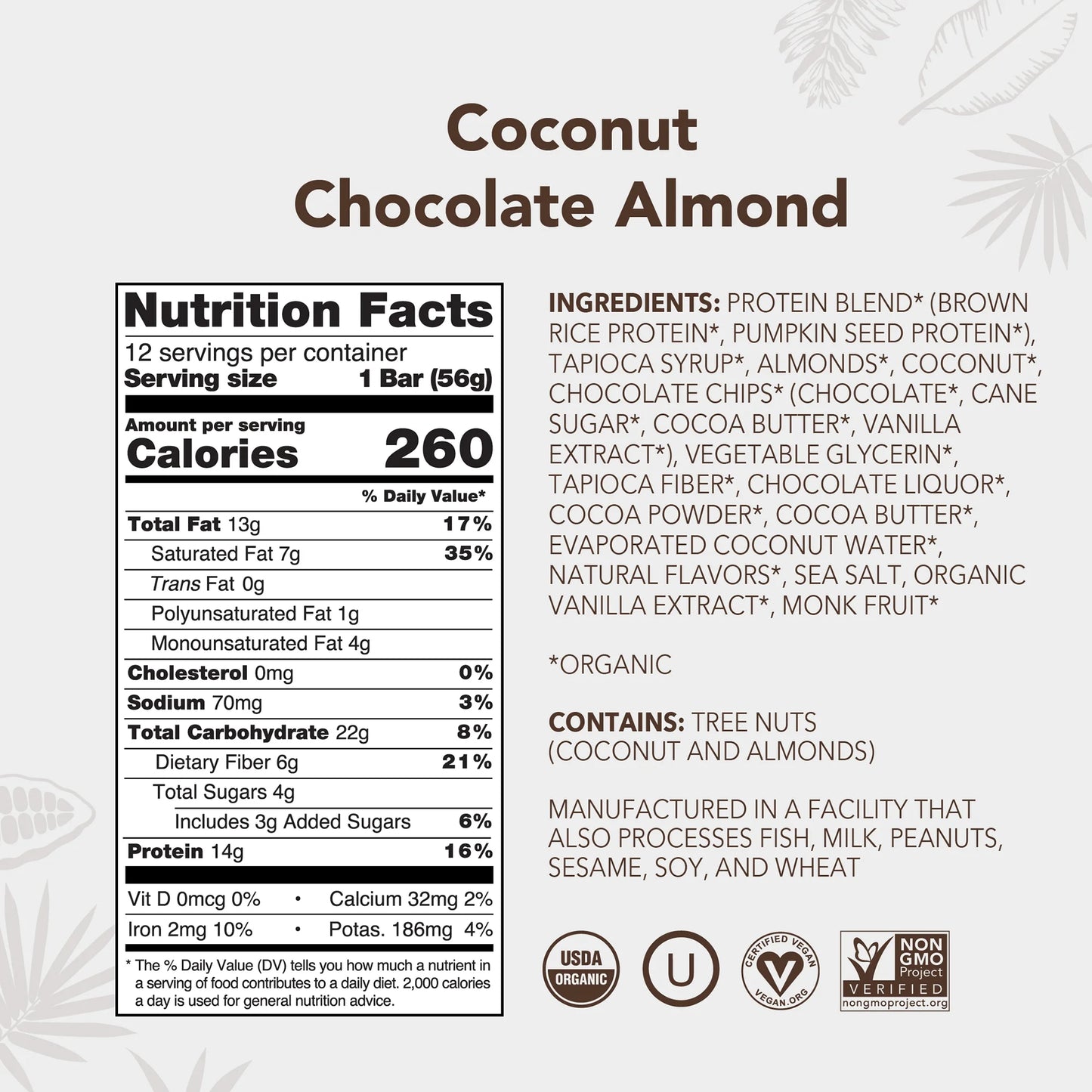 Plant Based Protein Bars, Coconut Chocolate Almond, 14G Protein (Pack of 12)