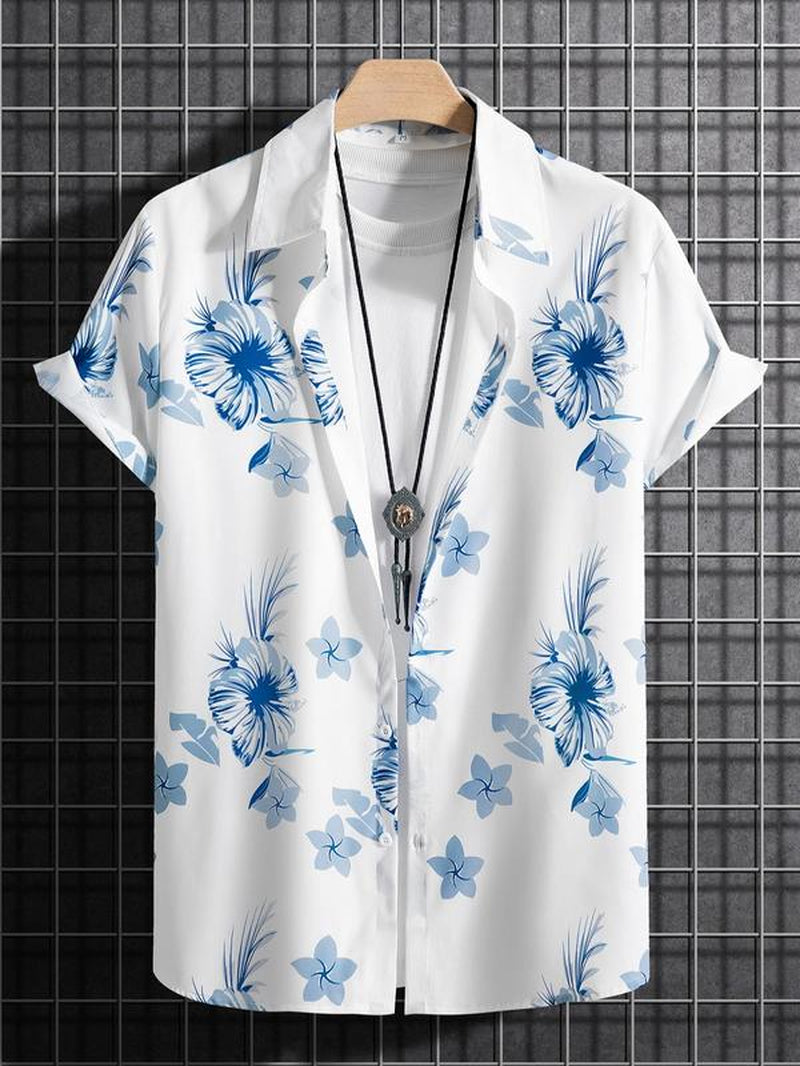 Men'S Tropical Print Collared Shirt, Loose Boho Button Short Sleeve Hawaiian Shirt, Shirt for Men, Summer Clothes Top for Beach Vacation , Plz Order One Size Smaller