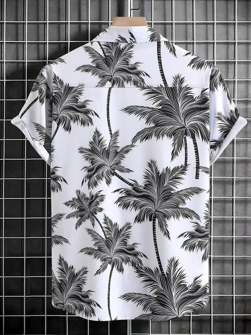 Men'S Thin Tropical Print Button Front Shirt, Loose Random Palm Tree Graphic Short Sleeve Hawaiian Shirt, Summer Clothes, Mens Clothin, Please Purchase One Size Smaller