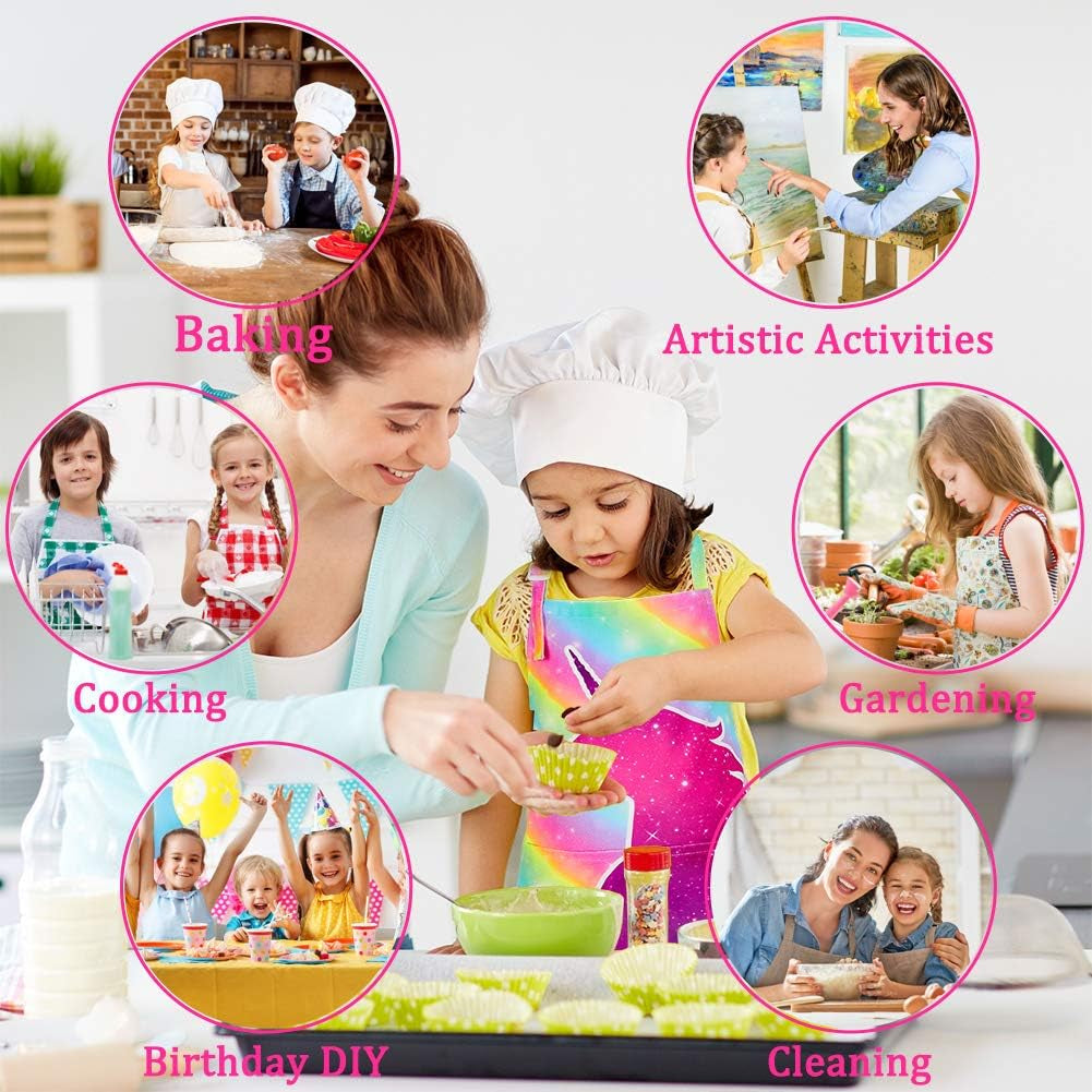 Kids Apron and Chef Hat Set, Child Aprons for Cooking Baking Painting Cute Toddler Girls Apron with Pockets 3-12 Years