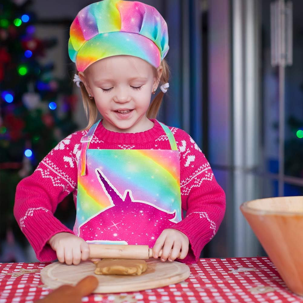 Kids Apron and Chef Hat Set, Child Aprons for Cooking Baking Painting Cute Toddler Girls Apron with Pockets 3-12 Years