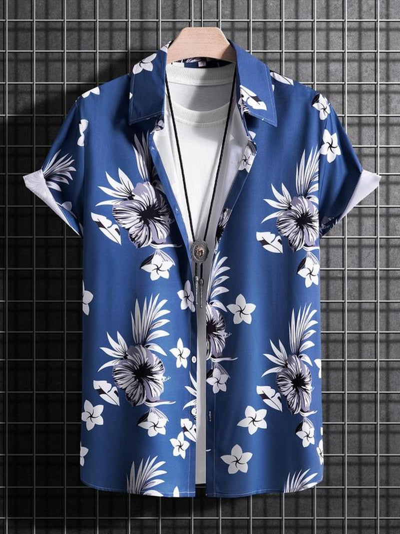 Men'S Tropical Print Collared Shirt, Loose Boho Button Short Sleeve Hawaiian Shirt, Shirt for Men, Summer Clothes Top for Beach Vacation , Plz Order One Size Smaller