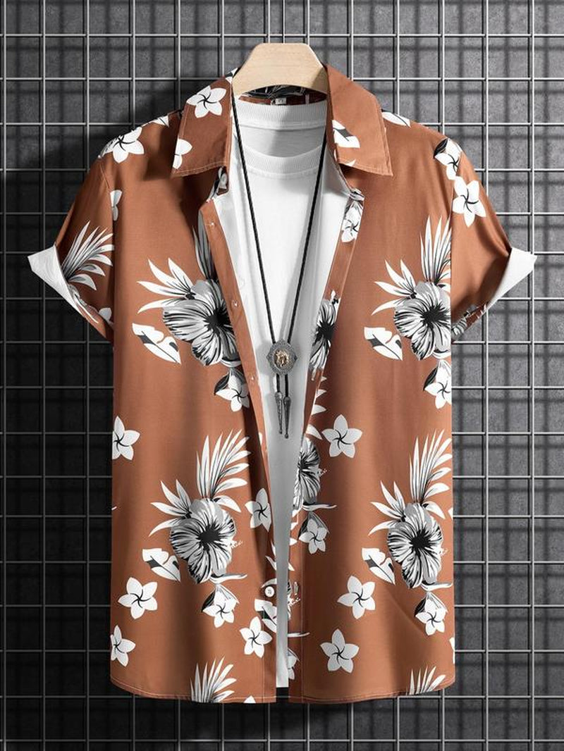 Men'S Tropical Print Collared Shirt, Loose Boho Button Short Sleeve Hawaiian Shirt, Shirt for Men, Summer Clothes Top for Beach Vacation , Plz Order One Size Smaller