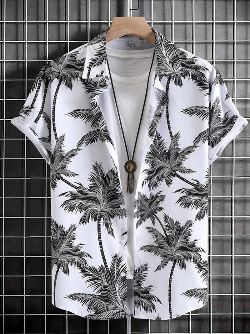 Men'S Thin Tropical Print Button Front Shirt, Loose Random Palm Tree Graphic Short Sleeve Hawaiian Shirt, Summer Clothes, Mens Clothin, Please Purchase One Size Smaller