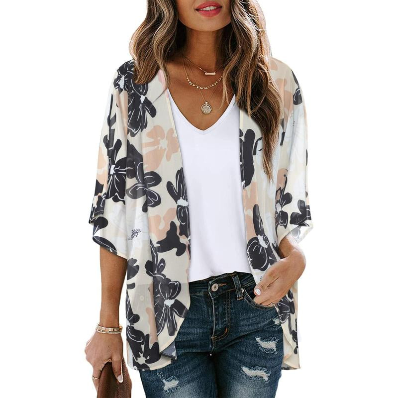 Women'S Floral Kimono Cardigan Loose Cover up Casual Blouse Tops