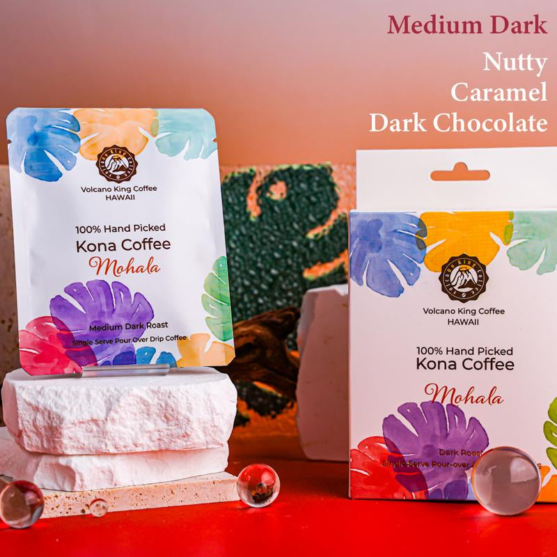 Volcano King Coffee 100% Hand Picked Kona Coffee from Hawaii Convenient Single Serve Pour over Drip Coffee Pack Sustainably Grown and Roasted in Our Kona Farms 6 Servings per Box Beverage