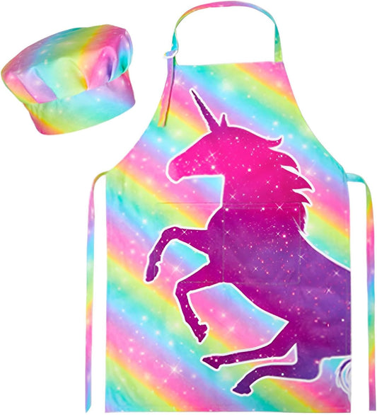 Kids Apron and Chef Hat Set, Child Aprons for Cooking Baking Painting Cute Toddler Girls Apron with Pockets 3-12 Years