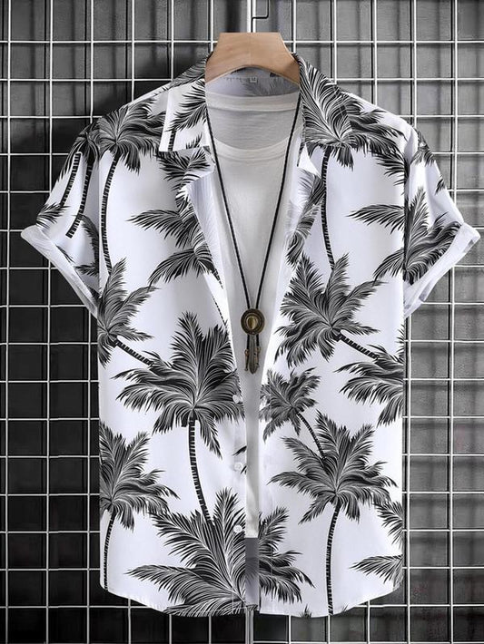 Men'S Thin Tropical Print Button Front Shirt, Loose Random Palm Tree Graphic Short Sleeve Hawaiian Shirt, Summer Clothes, Mens Clothin, Please Purchase One Size Smaller