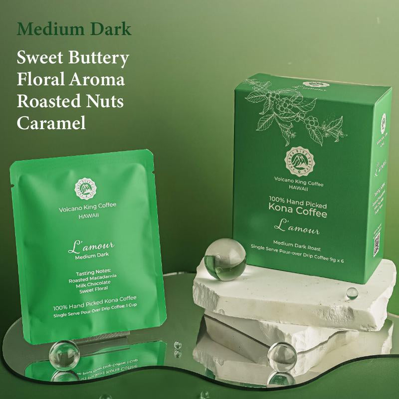 Volcano King Coffee 100% Hand Picked Kona Coffee from Hawaii Convenient Single Serve Pour over Drip Coffee Pack Sustainably Grown and Roasted in Our Kona Farms 6 Servings per Box Beverage