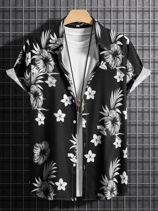 Men'S Tropical Print Collared Shirt, Loose Boho Button Short Sleeve Hawaiian Shirt, Shirt for Men, Summer Clothes Top for Beach Vacation , Plz Order One Size Smaller