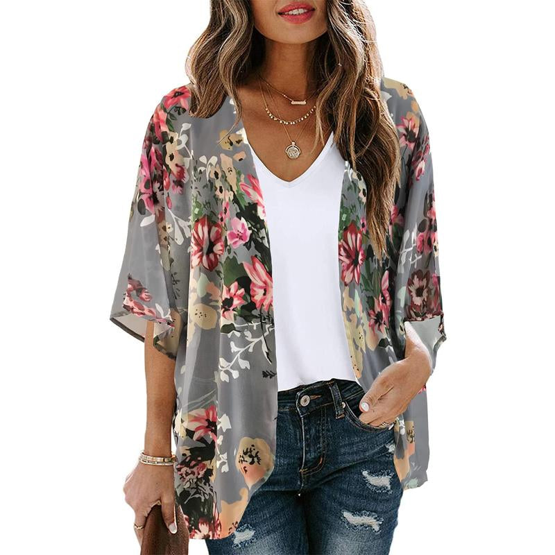 Women'S Floral Kimono Cardigan Loose Cover up Casual Blouse Tops