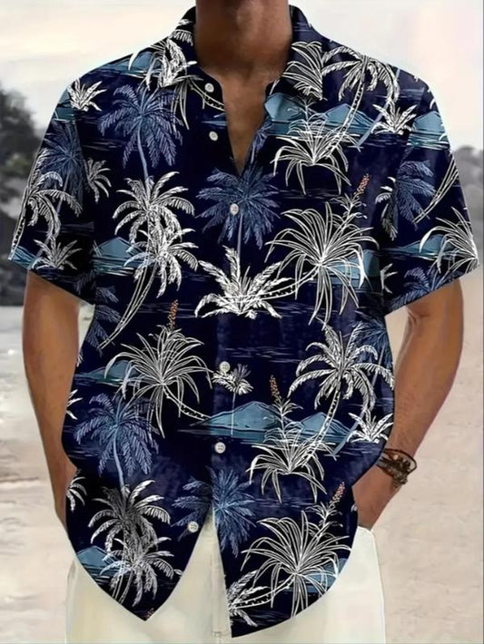 Men'S Regular Fit Tropical Print Button Front Shirt, Hawaiian Shirt, Short Sleeve Collar Shirt for Summer Holiday Vacation, Casual Men'S Clothes