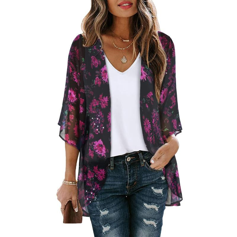 Women'S Floral Kimono Cardigan Loose Cover up Casual Blouse Tops