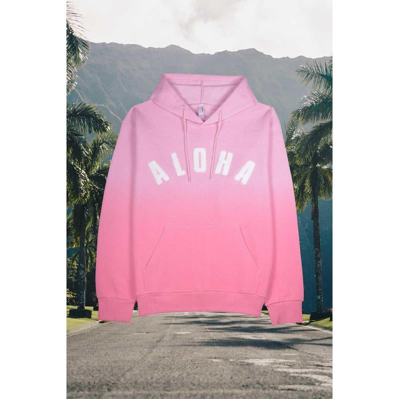 Fuzzy Embroidered Hawaiian ALOHA Hoodie - Faded Pink Ombre