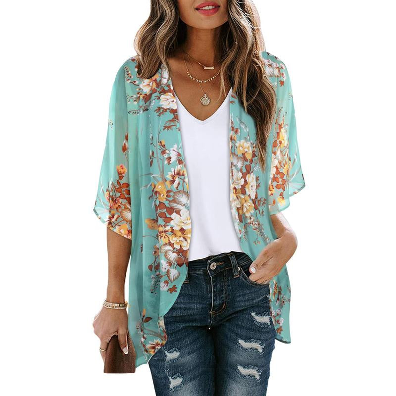 Women'S Floral Kimono Cardigan Loose Cover up Casual Blouse Tops