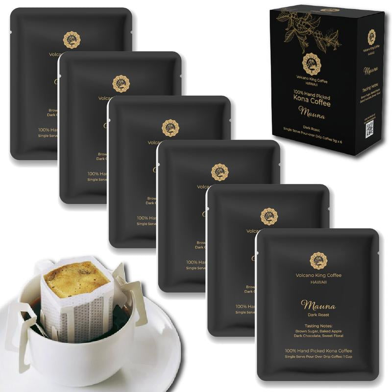 Volcano King Coffee 100% Hand Picked Kona Coffee from Hawaii Convenient Single Serve Pour over Drip Coffee Pack Sustainably Grown and Roasted in Our Kona Farms 6 Servings per Box Beverage
