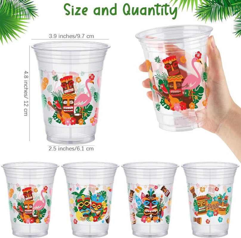 120 Pcs Tiki Party Cups 16Oz Hawaiian Luau Drinking Cups Tiki Themed Luau Disposable Plastic Cups Tropical Hibiscus Wine Glasses Flamingo Cups for Hawaiian Luau Tropical Beach Party Pineapple