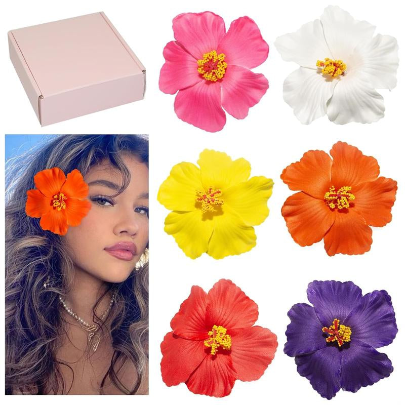 Hawaiian Flower Hair Clips for Women, 6Pcs Plumeria Claw Clips for Think Thin Hair, 3.5 Inch Artificial Flower Clips for Vacation Beach Party (Hibiscus)