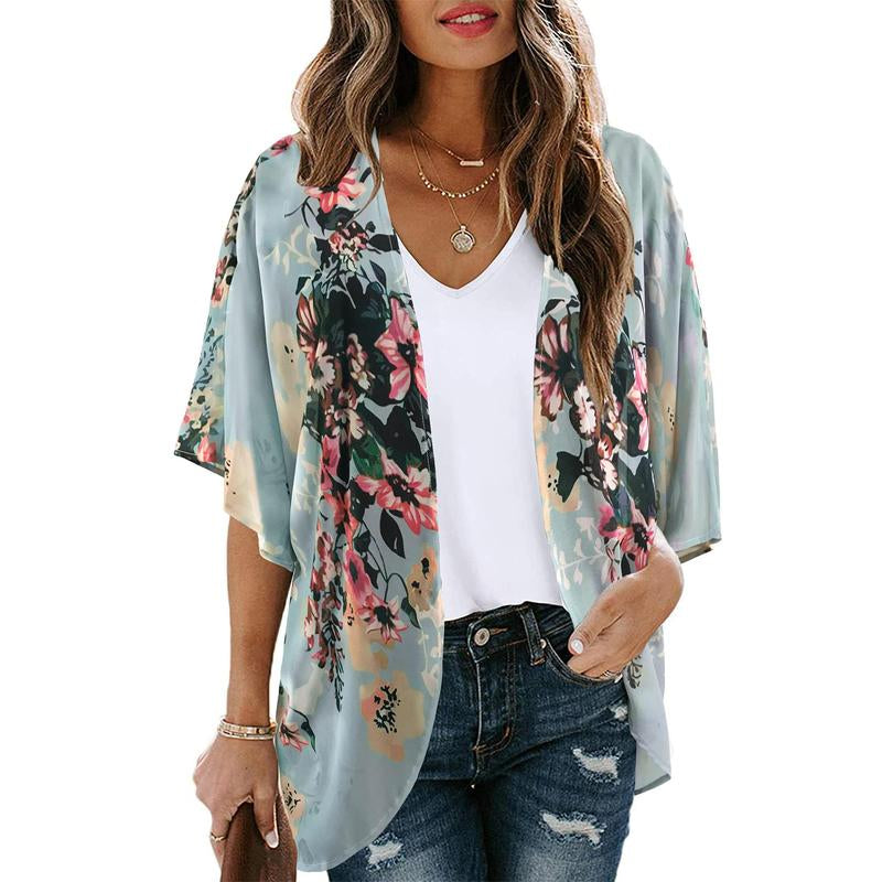 Women'S Floral Kimono Cardigan Loose Cover up Casual Blouse Tops