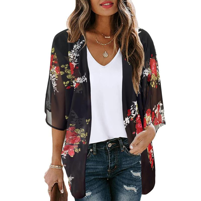 Women'S Floral Kimono Cardigan Loose Cover up Casual Blouse Tops