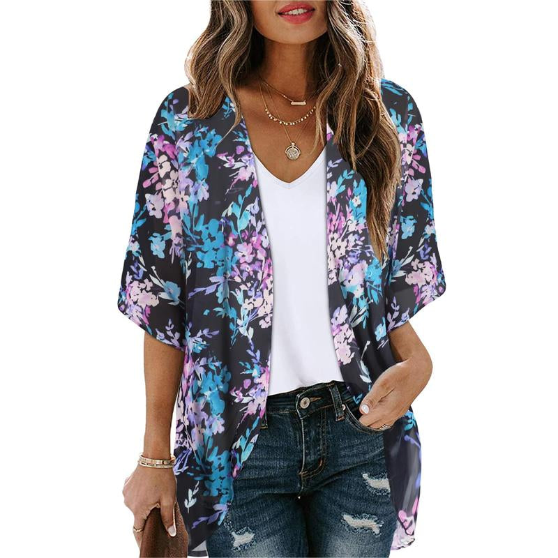 Women'S Floral Kimono Cardigan Loose Cover up Casual Blouse Tops