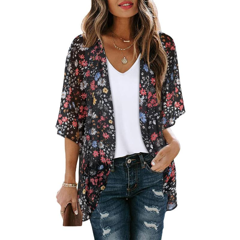 Women'S Floral Kimono Cardigan Loose Cover up Casual Blouse Tops