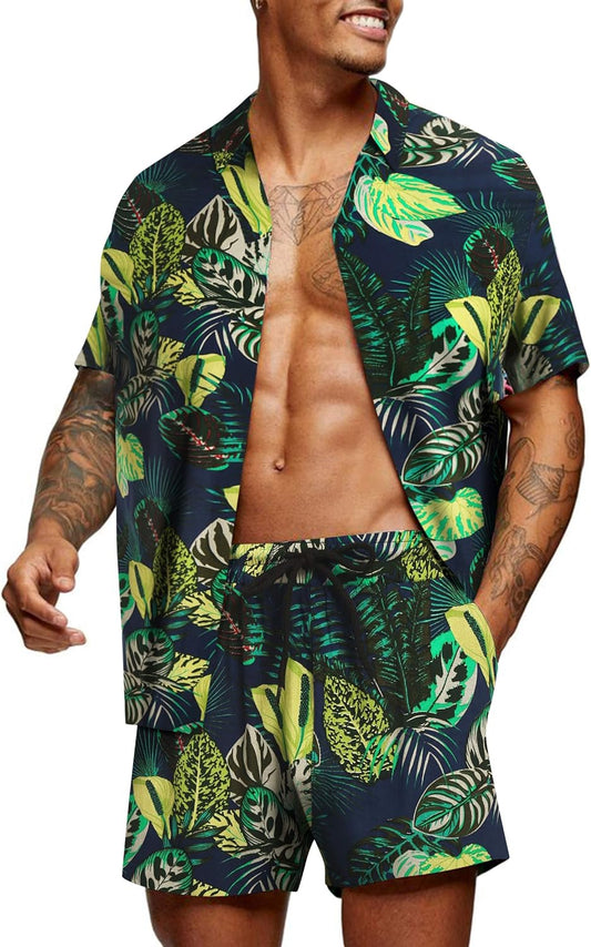 Men'S Hawaiian Matching Set Summer Beach 2 Piece Outfits Flower Button down Shirts and Shorts