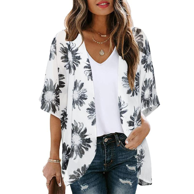 Women'S Floral Kimono Cardigan Loose Cover up Casual Blouse Tops