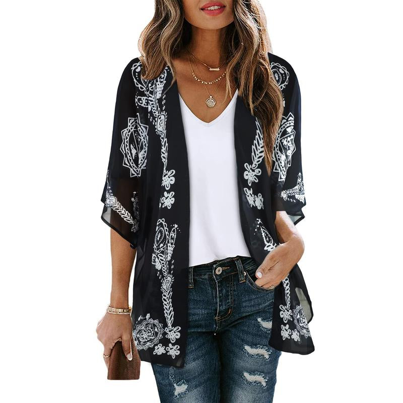 Women'S Floral Kimono Cardigan Loose Cover up Casual Blouse Tops