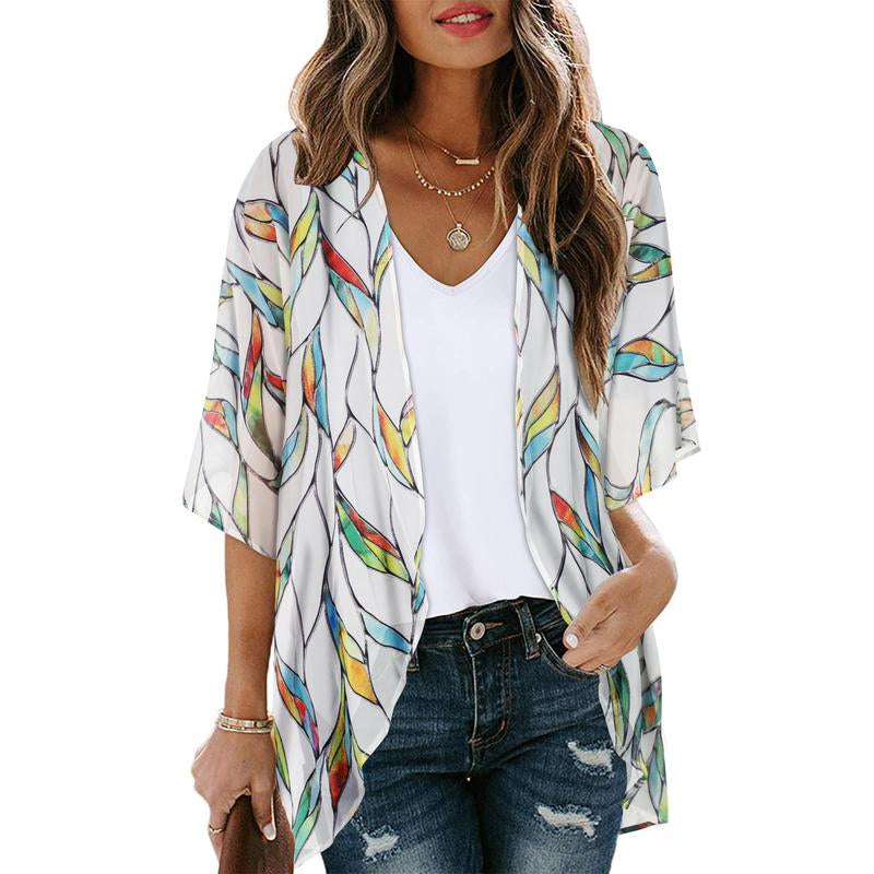 Women'S Floral Kimono Cardigan Loose Cover up Casual Blouse Tops
