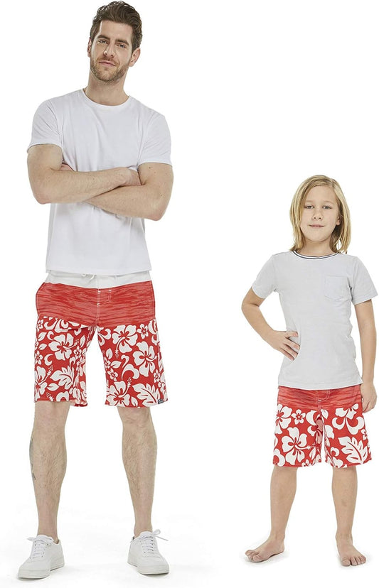 Father Son Matching Hawaiian Beach Board Shorts Swimwear Spandex in Classis Hibiscus Print