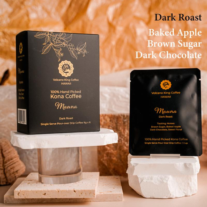 Volcano King Coffee 100% Hand Picked Kona Coffee from Hawaii Convenient Single Serve Pour over Drip Coffee Pack Sustainably Grown and Roasted in Our Kona Farms 6 Servings per Box Beverage