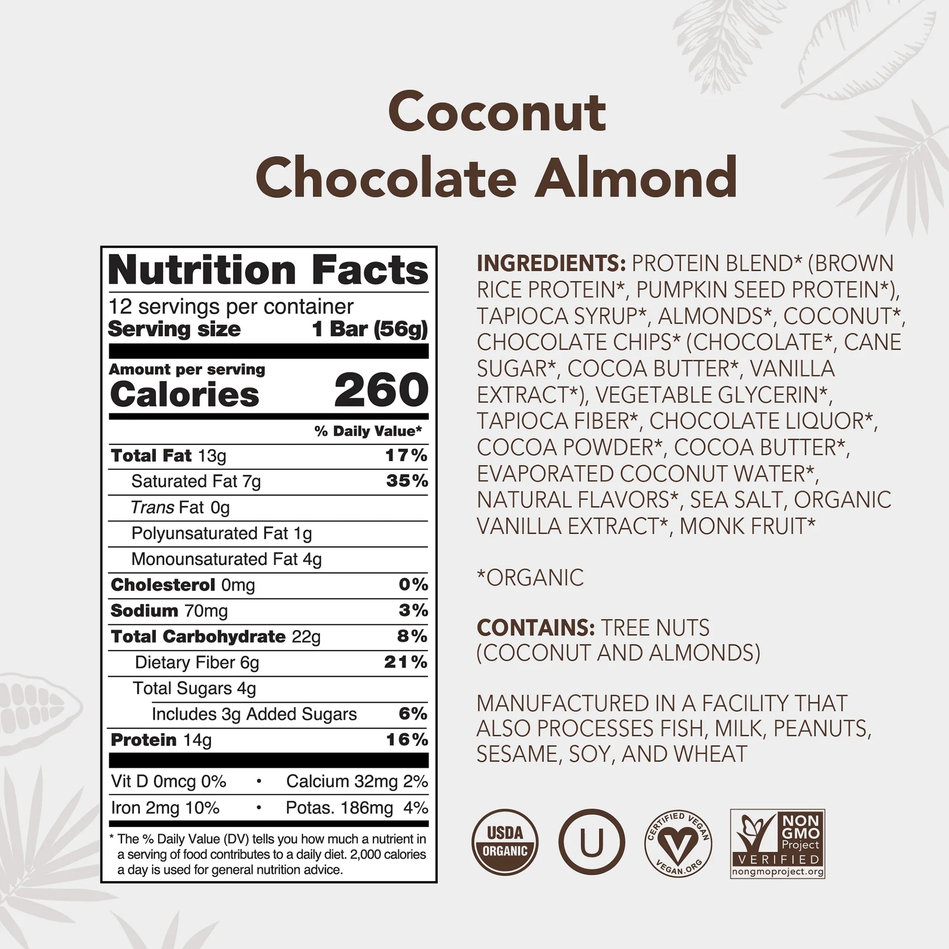 Plant Based Protein Bars, Coconut Chocolate Almond, 14G Protein (Pack of 12)