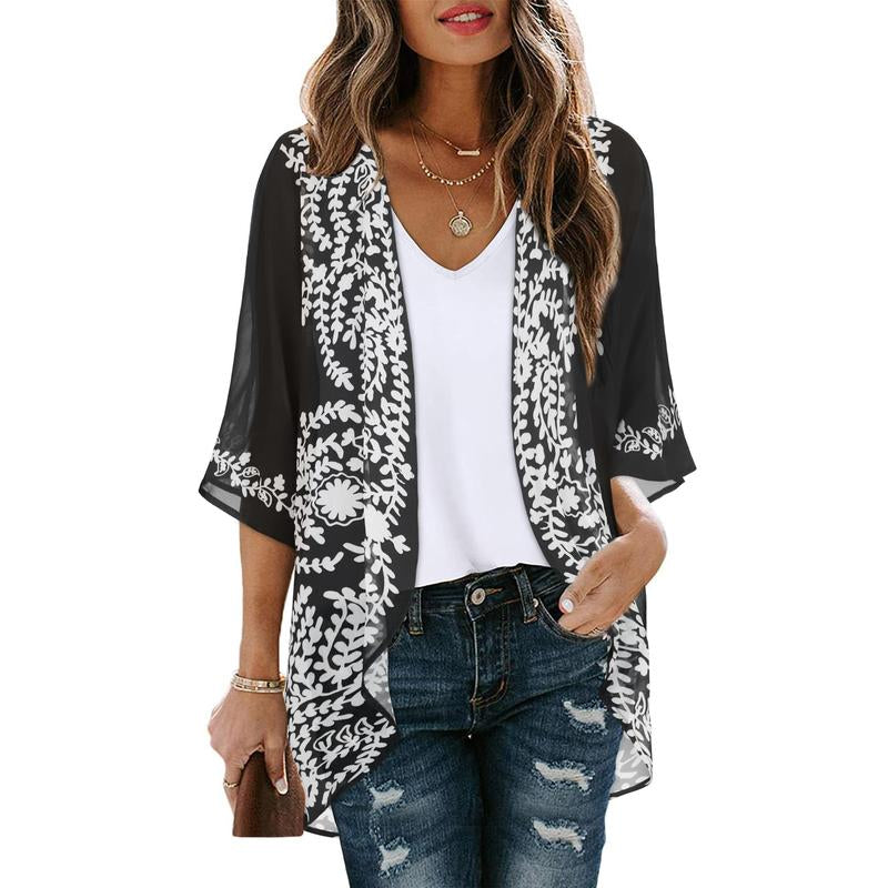 Women'S Floral Kimono Cardigan Loose Cover up Casual Blouse Tops