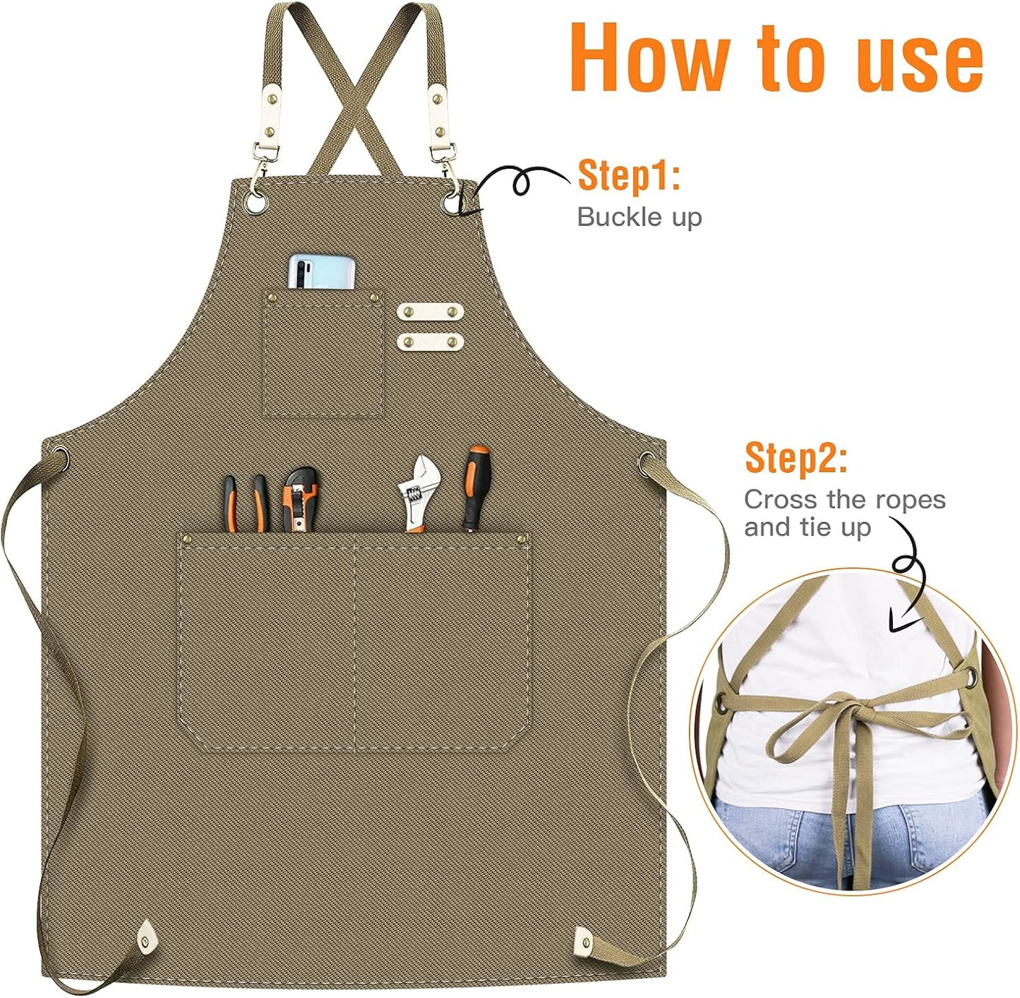 Chef Apron,Multipurpose Apron Apron,Large Pockets,Water Resistant Canvas Cross Back Adjustable Apron for Men Women