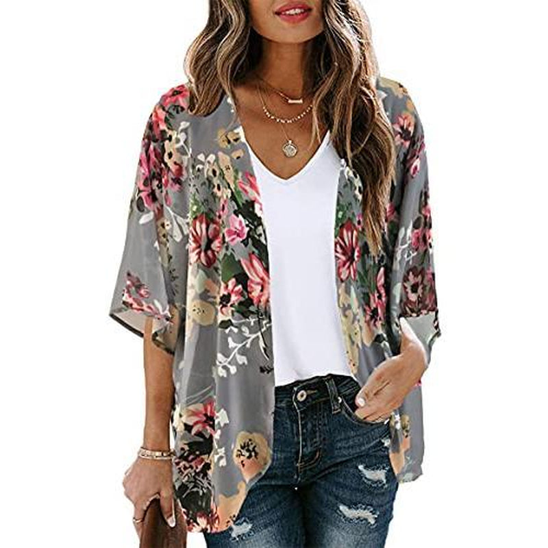 Women'S Floral Kimono Cardigan Loose Cover up Casual Blouse Tops