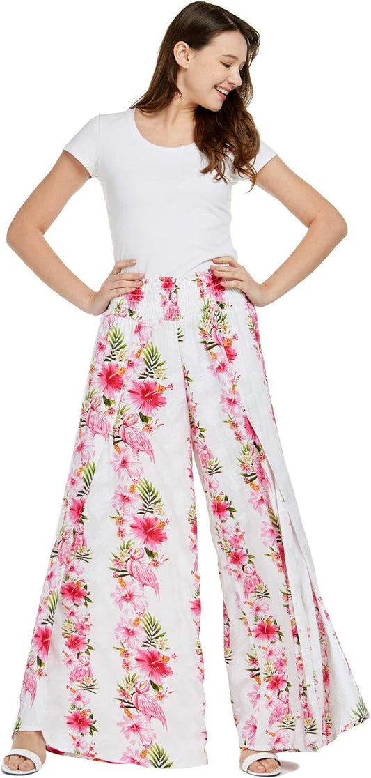 Lady High Slit Wide Leg Pants in Tropical Pink Line Floral