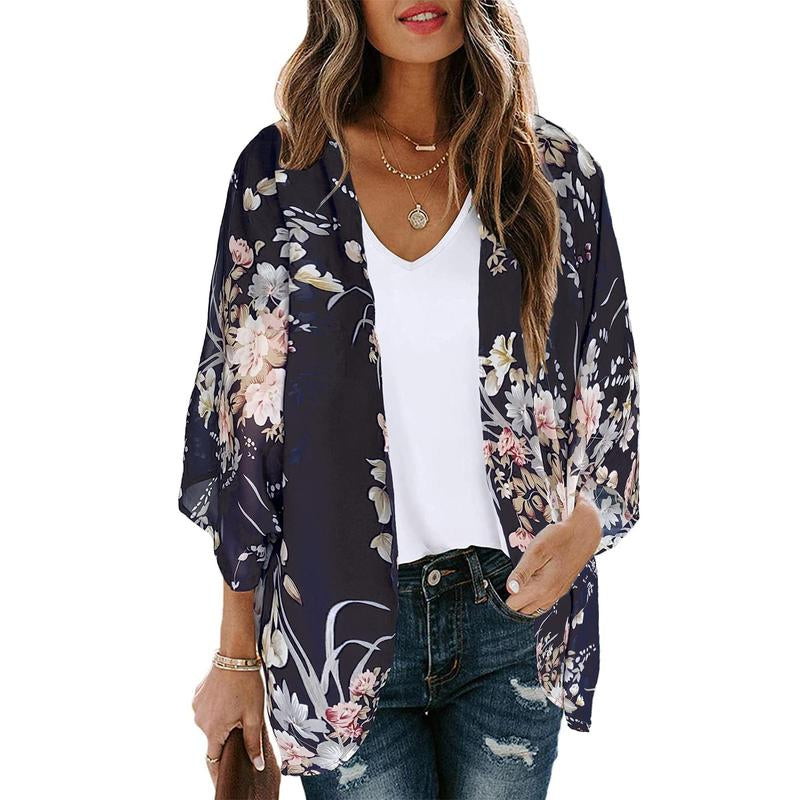 Women'S Floral Kimono Cardigan Loose Cover up Casual Blouse Tops