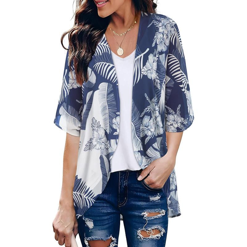 Women'S Floral Kimono Cardigan Loose Cover up Casual Blouse Tops