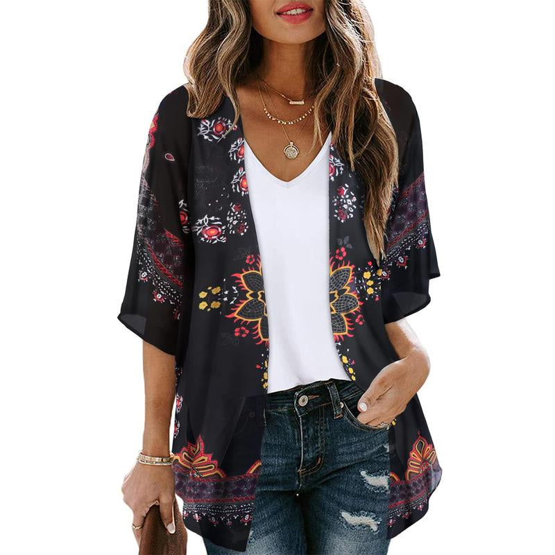 Women'S Floral Kimono Cardigan Loose Cover up Casual Blouse Tops