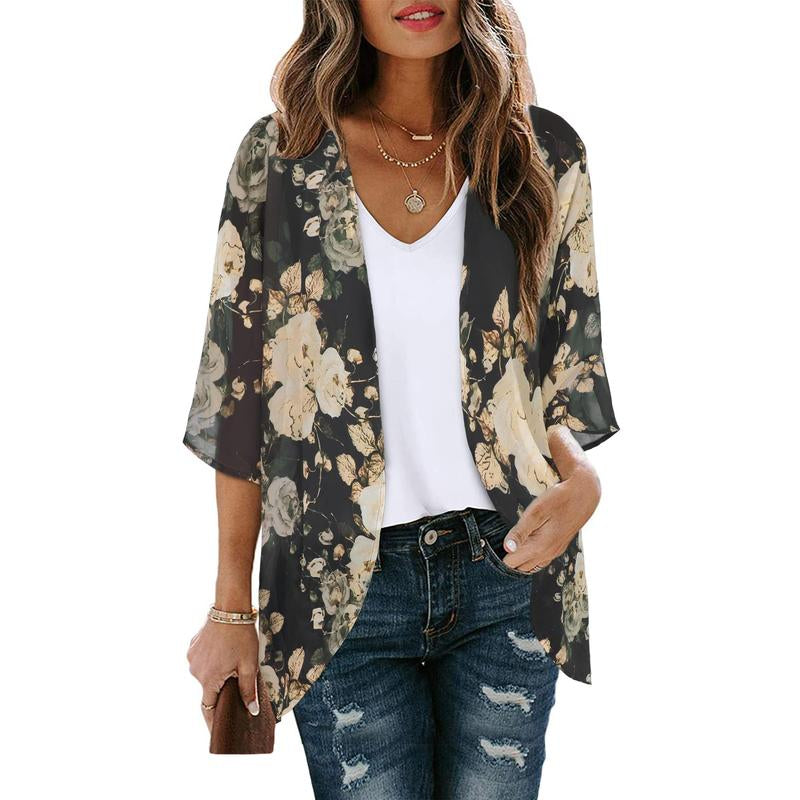 Women'S Floral Kimono Cardigan Loose Cover up Casual Blouse Tops
