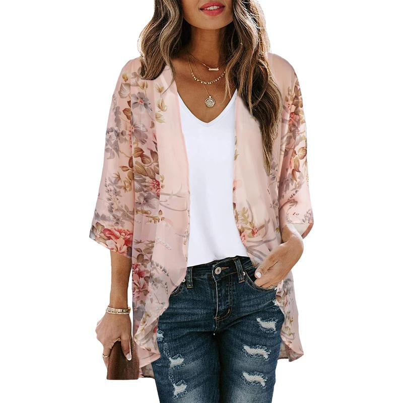 Women'S Floral Kimono Cardigan Loose Cover up Casual Blouse Tops