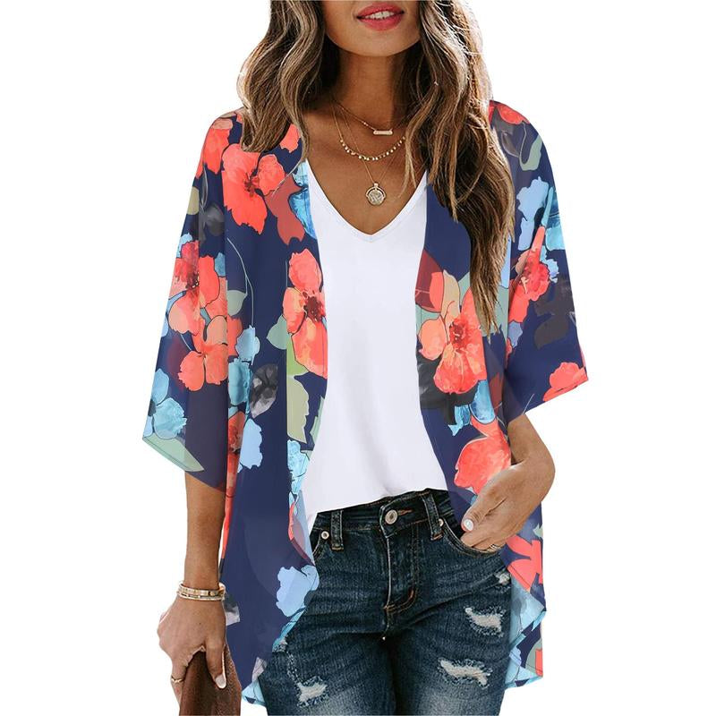 Women'S Floral Kimono Cardigan Loose Cover up Casual Blouse Tops
