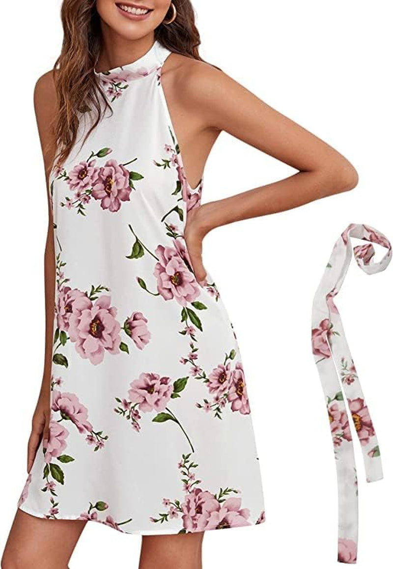 Women Floral Beach Vacation Sun Dress Sundress Halter Shift Mini Short Dress with Pockets