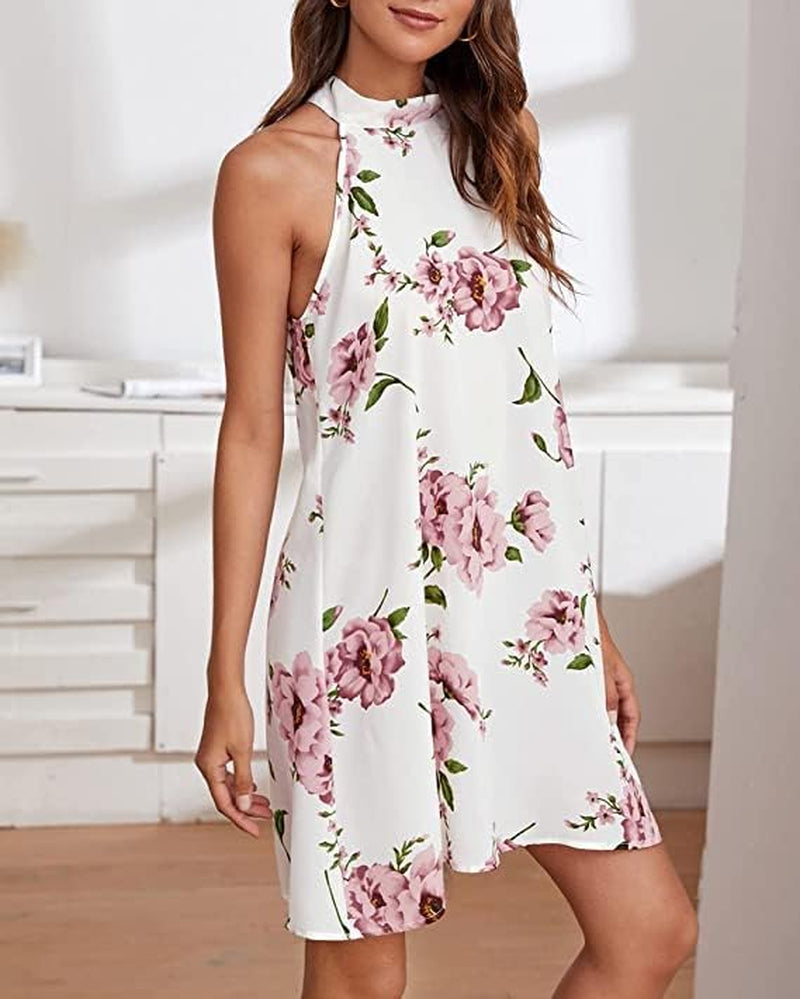 Women Floral Beach Vacation Sun Dress Sundress Halter Shift Mini Short Dress with Pockets